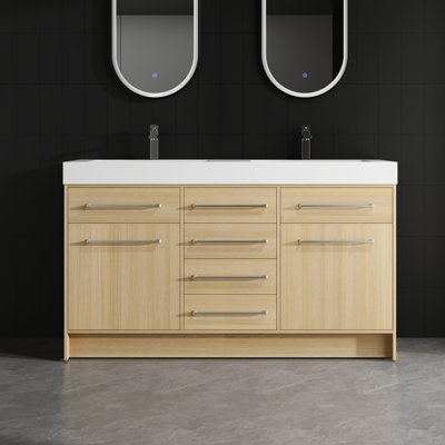60" Freestanding Bathroom Vanity With Double Resin Sink, 2 Soft-Close Doors & 6 Drawers, Original Oak Finish, Plywood Cabinet With Metal Handles