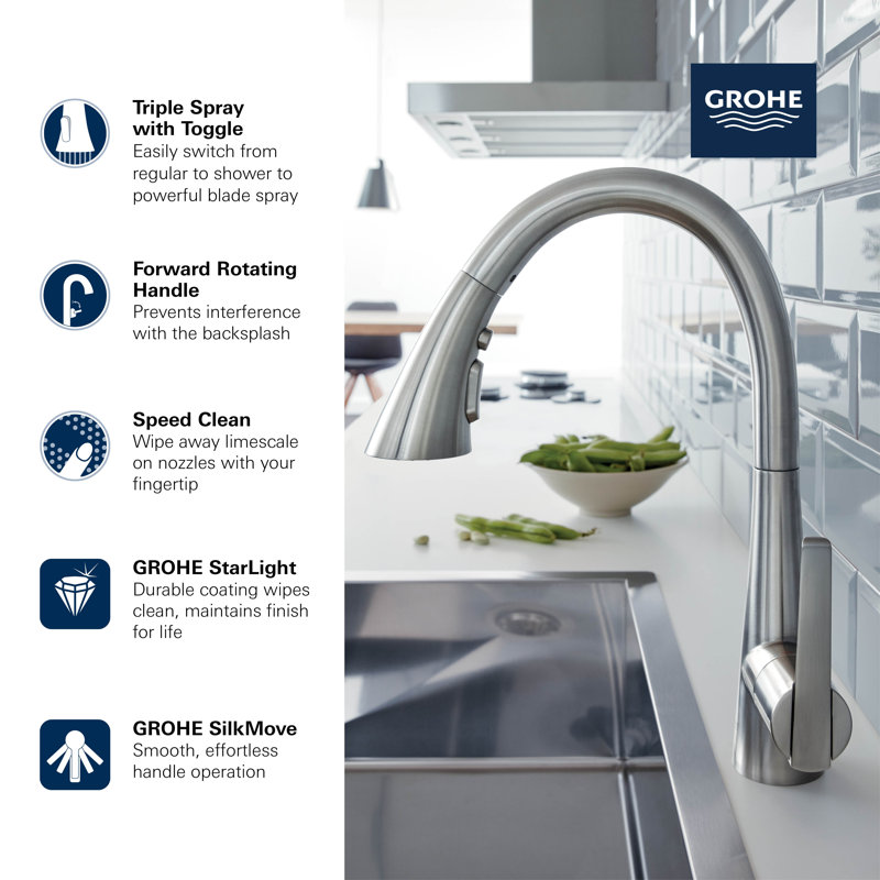 ZEDRA Single-Handle Pull Down Kitchen Faucet Triple Spray 1.75 GPM, StarLight Chrome