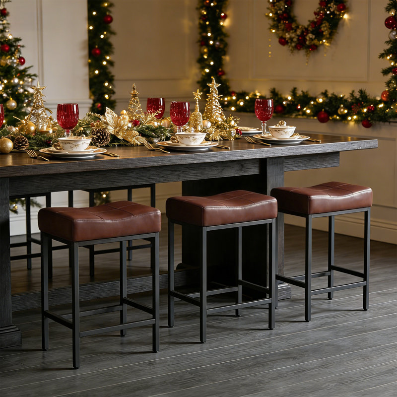 Upholstered Saddle Bar Stools Counter Height Stools Barstools Bar Chairs with Curved Seat & Footrest, Chestnut