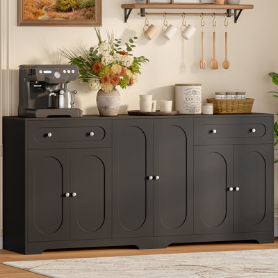 71 Inch Large Sideboard Buffet Cabinet, Modern Arch Kittchen Credenza with Storage 6 Doors and 2 Drawers, Coffee Bar Cabinet for Dining Room Living Room, Smooth Painted Finish, Black