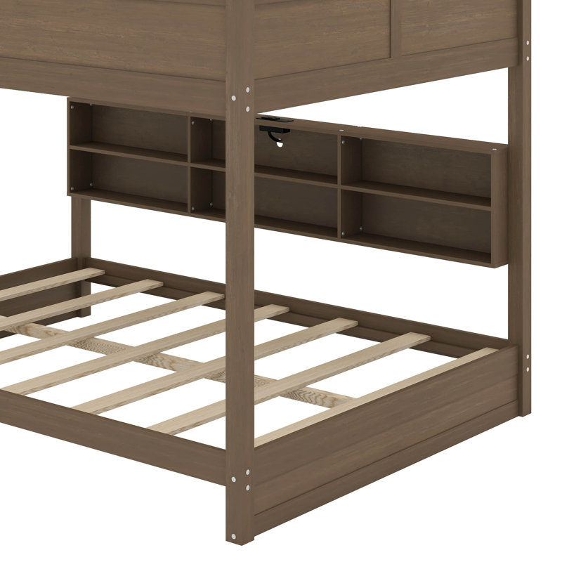 Queen Over Queen Bunk Bed With Cabinets And USB, Antique Wood Color