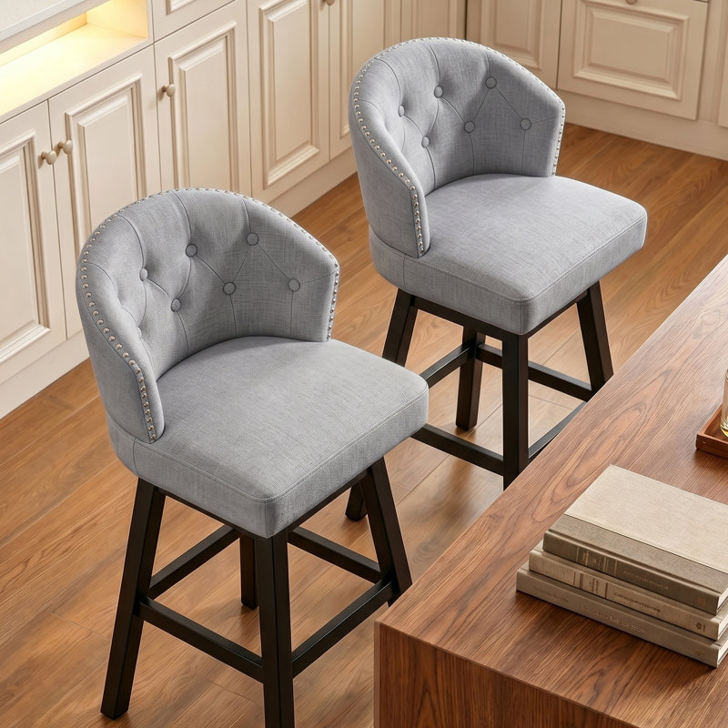 Aadhvika Upholstered BarStools with Solid Wood Frame, Gray/Linen, Counter Stool (26" Seat Height)