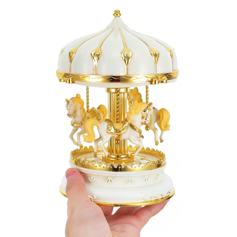 Carousel Music Box Glittering Rotating Horse Music Box Flashing Carousel Music Box, Beige