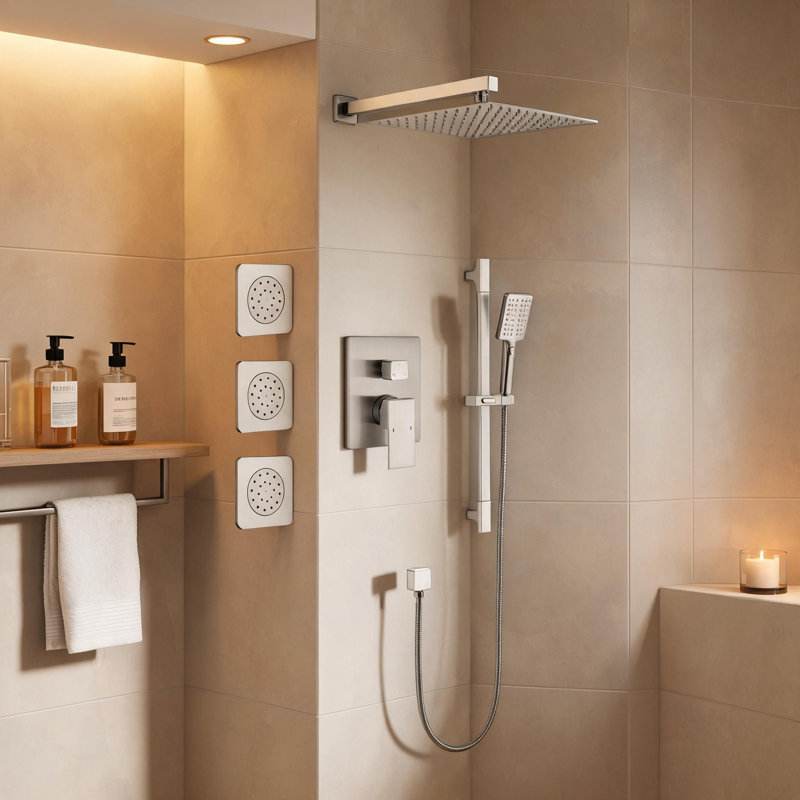 Système de douche mural complet en nickel brossé avec pomme de douche à main et barre de douche