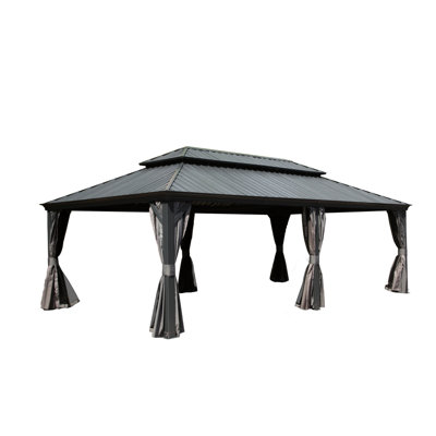 Gazebo With Aluminum Frame And Galvanized Steel Roof, 14X22ft, Grey - Built-In Gutter, Curtain Netting For Patio Deck Garden 14X22ft Garden, Metal Top, Frame, &