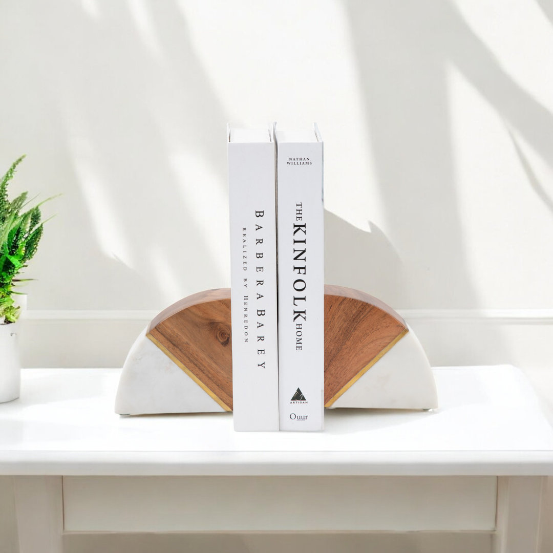 Marble Wood And Brass Detail Bookends - 5" x 2" x 5" (Set of 2) Millwood Pines