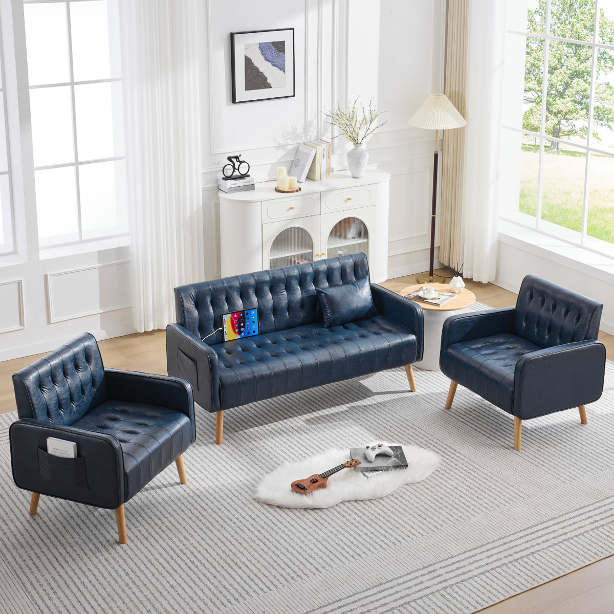 3-Piece Faux Leather Tufted Living Room Set With USB Charging & Pockets