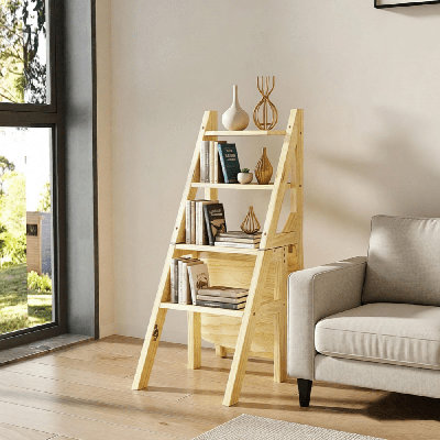 Folding Step Ladder Chair 3-in-1 Wooden Step Stool 4 Tier Foldable Ladder Stool Outdoor Display Rack Flower Rack