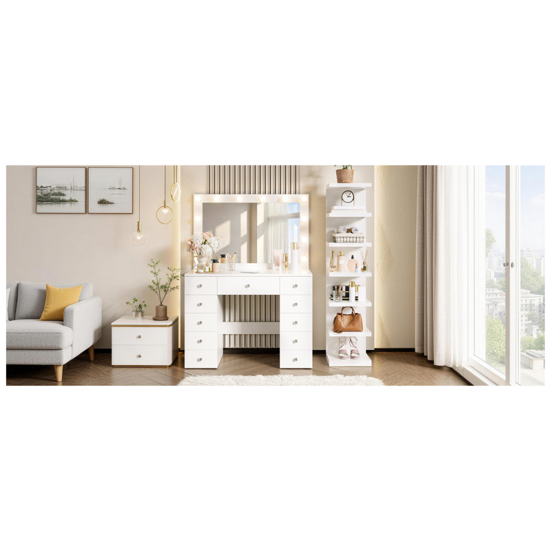 Bureau de coiffeuse blanc avec miroir lumineux Hollywood et 7 tablettes de rangement - table de maquillage avec prise de courant, 11 tiroirs et poignées en cristal