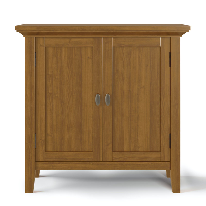 Redmond 32"W Solid Wood Transitional Low Storage Cabinet with Adjustable Shelves and Crown-Edged Top, Light Golden Brown