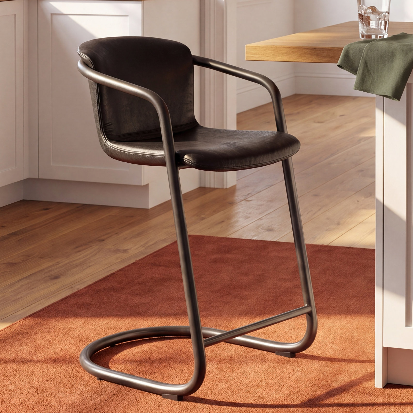 Higbee Genuine Leather Bar and Counter Stool, Black Genuine Leather, Bar Stool (29" Seat Height)