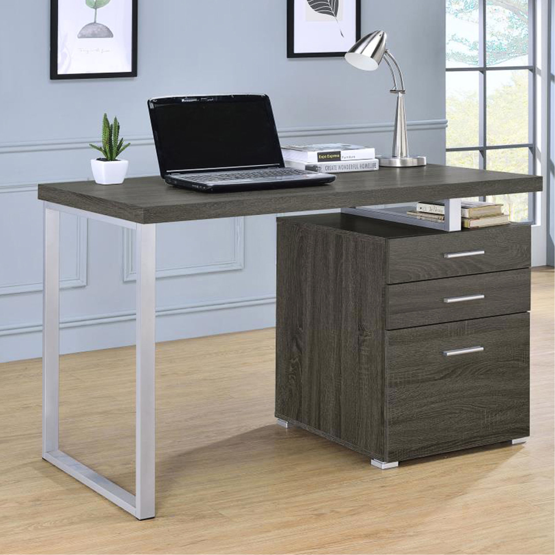 Latitude Run® Elegant 3 Office Desk In Weathered Grey - Work Efficiency