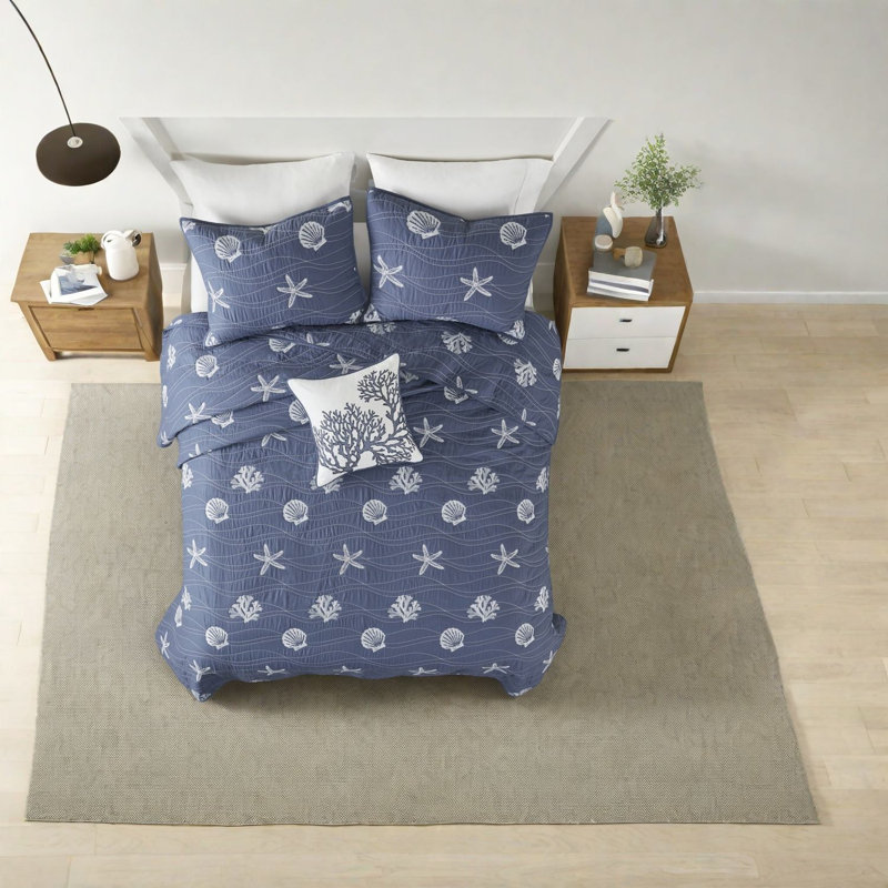 Ensemble de literie en coton Coastal, brodé bleu marine, style décontracté
