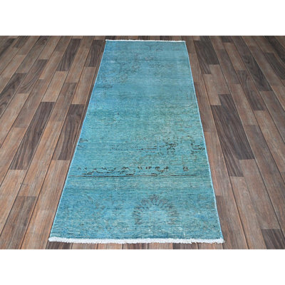 2'3"x6'1" Turkish Blue, Overdyed Vintage Persian Tabriz, Worn and Distressed, Sides and Ends Professionally Secured, Shaved Down, Hand Knotted, 100% Wool, Fragment, Narrow Runner, Oriental Rug