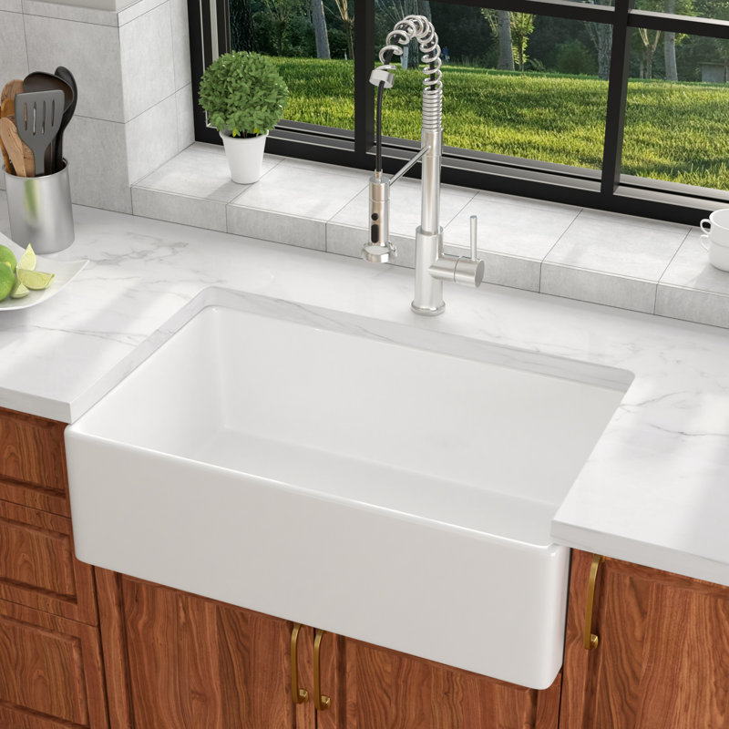 33'' L Single Bowl Ceramic Farmhouse / Apron Kitchen Sink with Sink Grid, White