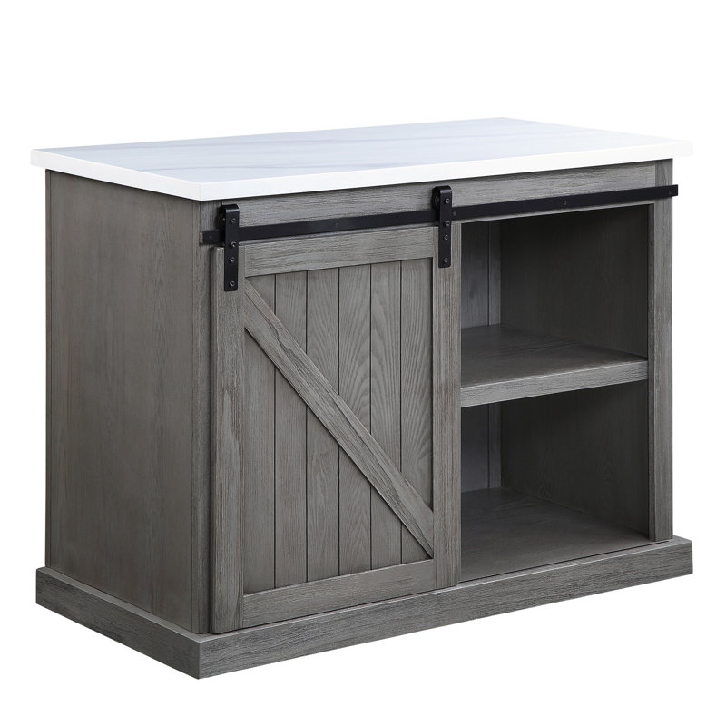 Gray Oak Kitchen Island with White Marble Top and Sliding Barn Door