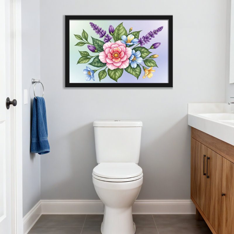 Arrangement floral de plantes et fleurs avec rose rose et lavande mauve, H 12 po x l 18 po, Toile tendue, Ne s’applique pas