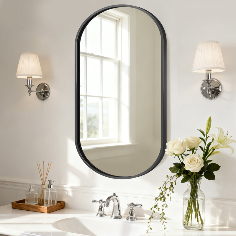 Armoire de salle de bain ovale à miroir murale, Noir