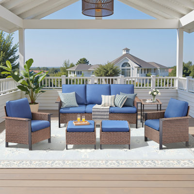 Coady 5 Person Outdoor Patio Wicker Wide Armrest Sofa Conversation Set With Ottomans