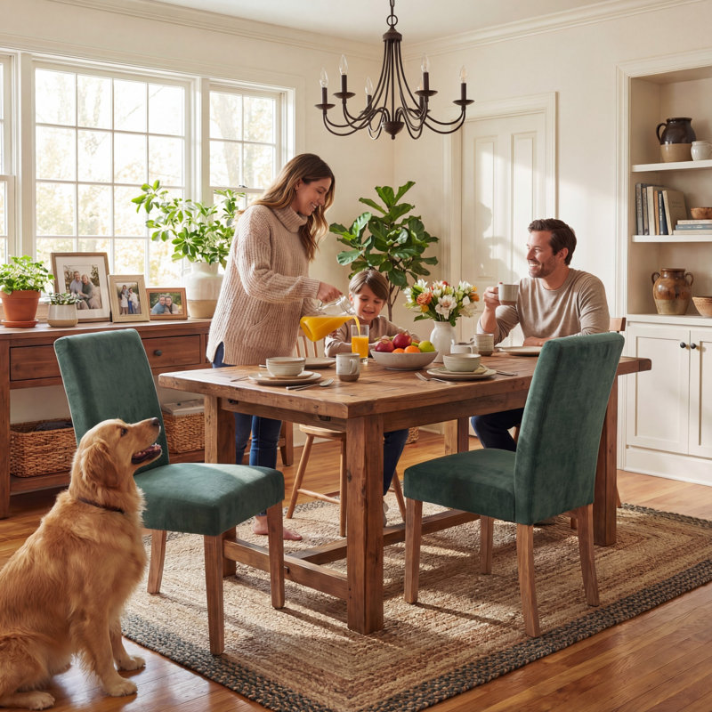 Fabric Upholstered Dining Chairs High Back Parsons Kitchen Chairs With Solid Wood Feet, Blue Green