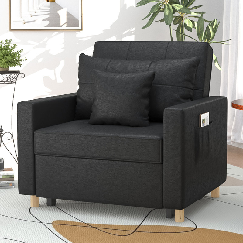 Fauteuil convertible en cuir véritable capitonné de 40 po de large Seamus, Similicuir noir