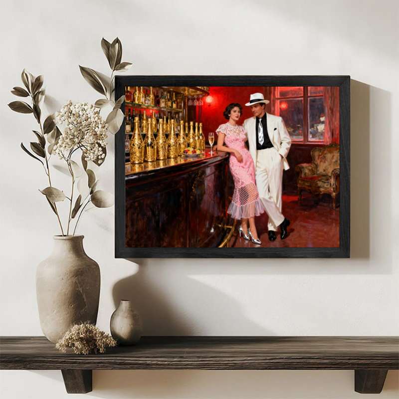 Art encadré noir, hommes et femmes élégants dans des bars, impressions rétro de style mural, H 9 po x l 11 po