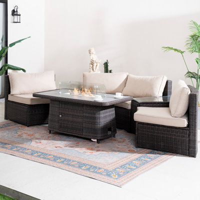 4 - Person Outdoor Wicker Fire Pit Patio Dining Set With Cushions