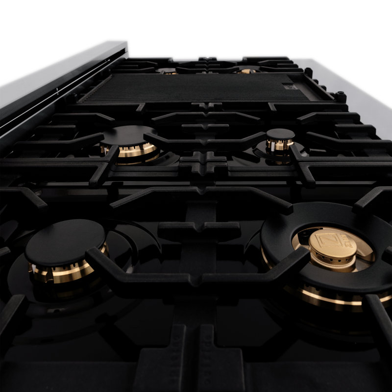 ZLINE 48" Legacy Dual Fuel Range w/ 7 Burner Gas Cooktop and 2 Electric Ovens, Brass Burners Stainless Steel