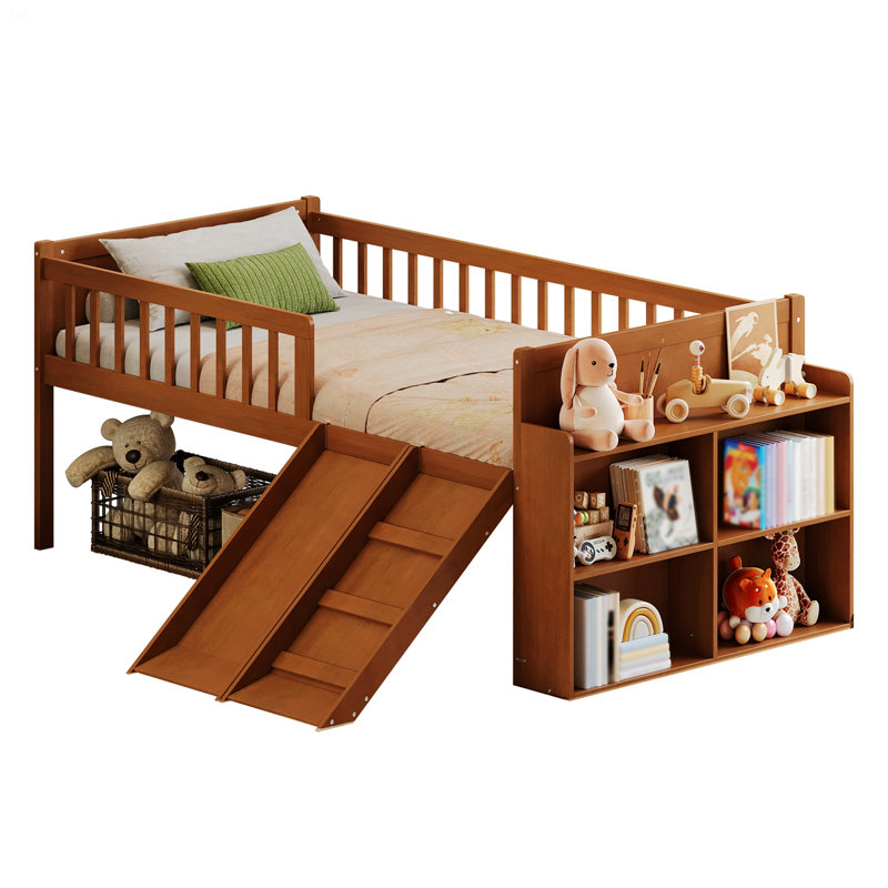 Bed Frame With Storage Shelf, Wooden Bed With Slide And Ladder, Guardrail, Walnut