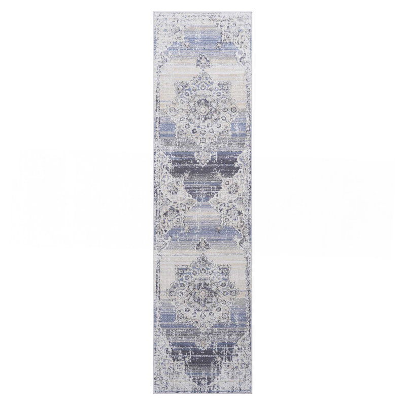 Tapis crème / bleu / médaillon, Tapis de couloir 2 pi 2 po x 8 pi