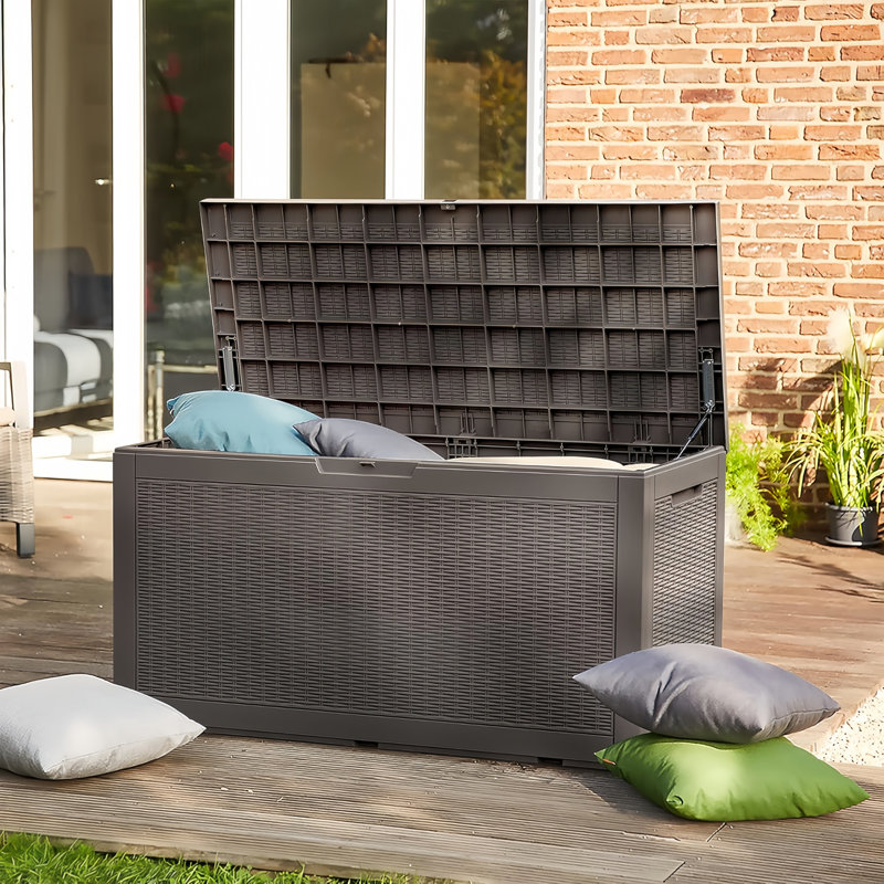 Boîte de terrasse verrouillable en résine résistante à l'eau 100 gallons Decksplore (style tissage de rotin), Café clair