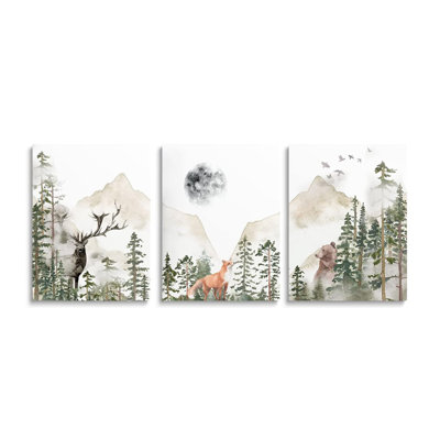 Nursery Wall Decor Foggy Forest Animal Wall Art Woodland Adventure Boy Nursery Decor Watercolor Mountain Outdoor Nature Canvas Prints For Room Room, Framed Set 3, 12"X16"