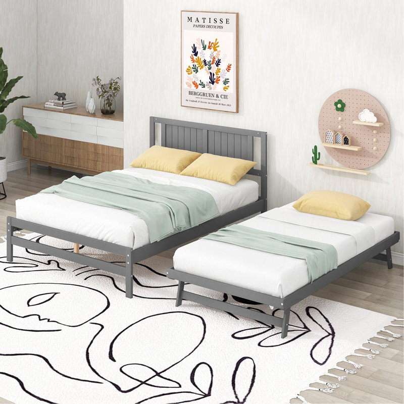 Lit plateforme double avec lit gigogne réglable, gris
