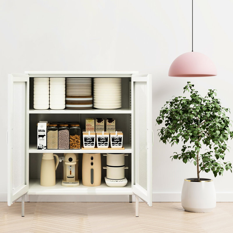 Armoire de rangement en métal avec portes et tablettes en filet, Argent argent, Blanc