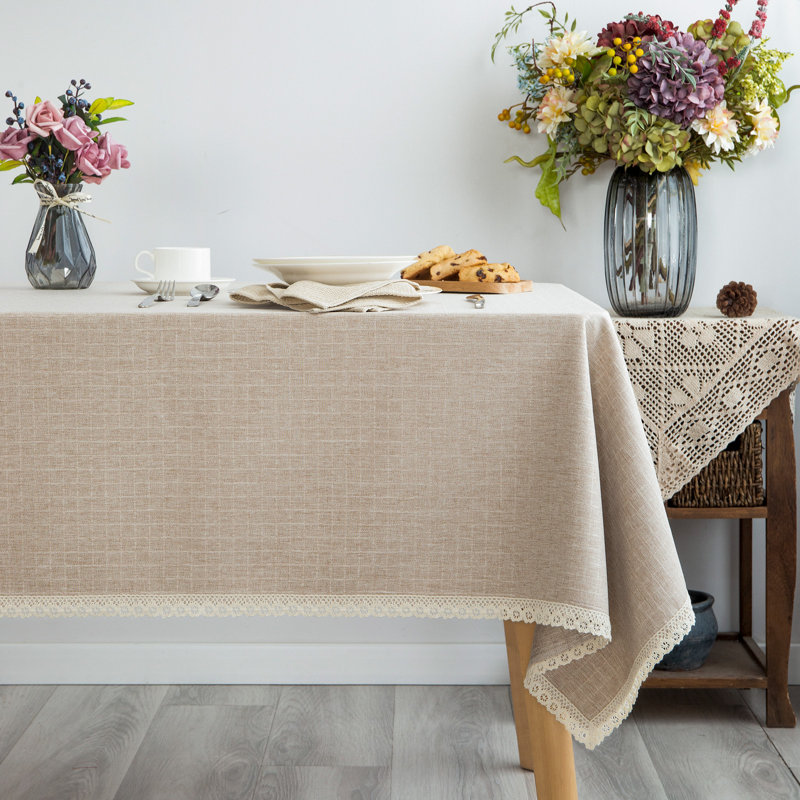 Solid Heavy Weight Lace Trim Rectangle Fabric Tablecloth, Table Cover for Kitchen Dining Tabletop, 86" x 55"