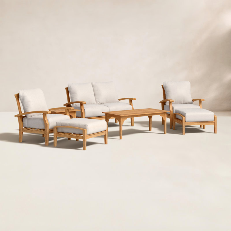 Ensemble de conversation en teck de 7 pièces comprenant canapé et coussins Summerton, Beige