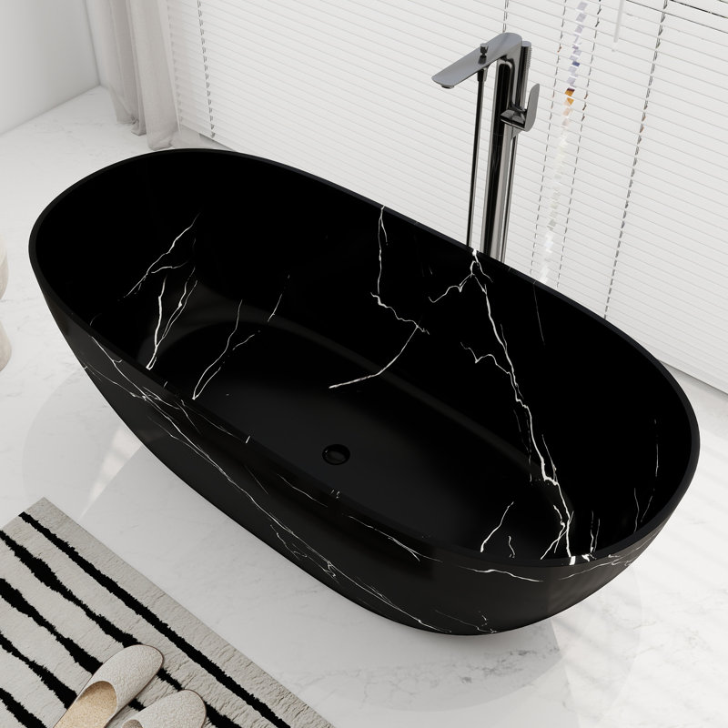 63" Freestanding Bathtub Solid Surface Freestanding Soaking Tub(Black), Black
