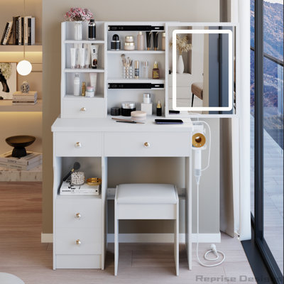 Petite coiffeuse 29,2 po avec tiroir à gauche et tabouret avec centrale électrique, miroir DEL coulissant