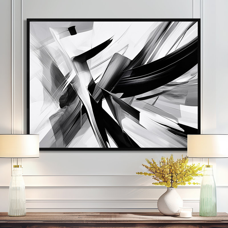 Abstrait abstrait vagues noires et blanches - Formes abstraites encadrées, H 16 po x l 32 po x P 1 po
