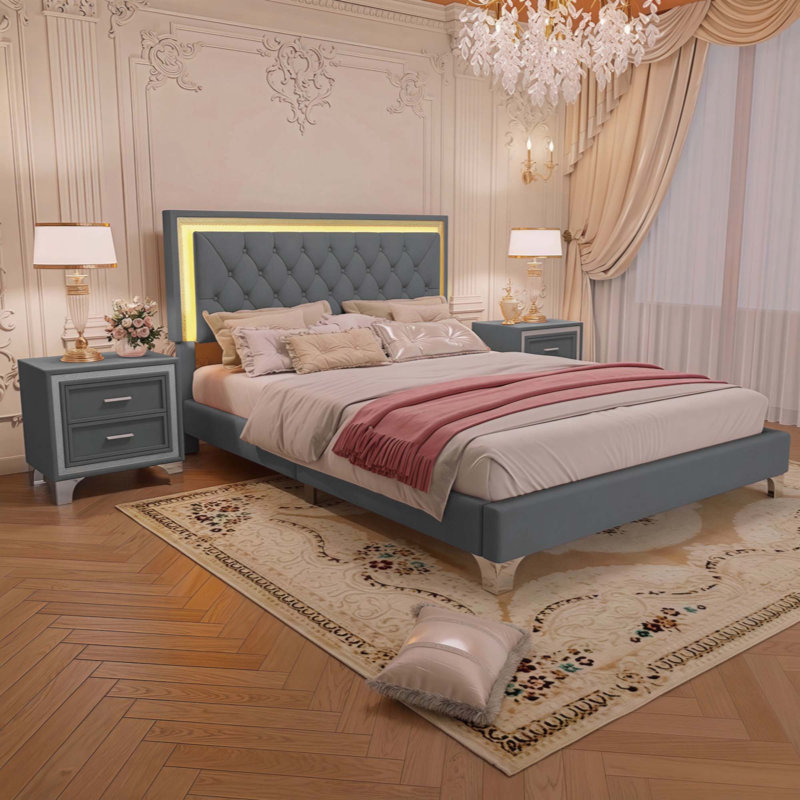 Ensemble de chambre à coucher 3 pièces, lit plateforme tapissier avec lumières DEL et deux tables de chevet