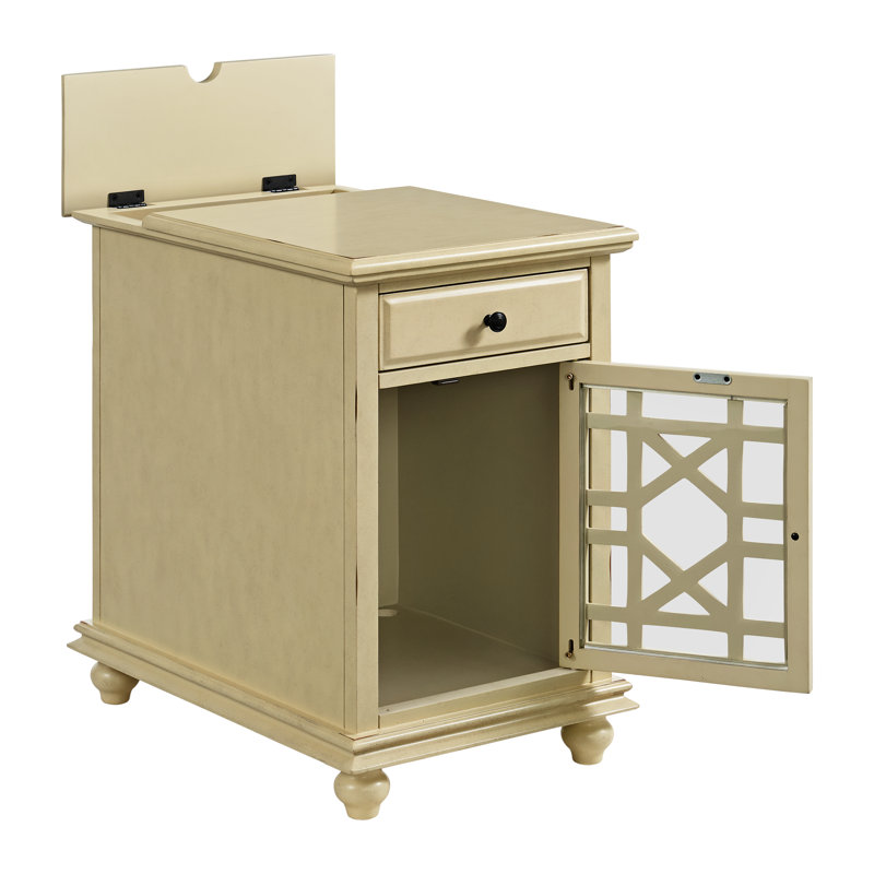 Ahmara End Table with Storage and Built-In Outlets, Antique Cream White Top / Antique Cream White Base