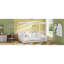 Lit Montessori au sol (taille standard), tête de lit avec compartiments de rangement ouverts, barrières de sécurité sur les 4 côtés avec porte d'accès, lit double pour dormir et jouer dans la chambre, blanc-814313049