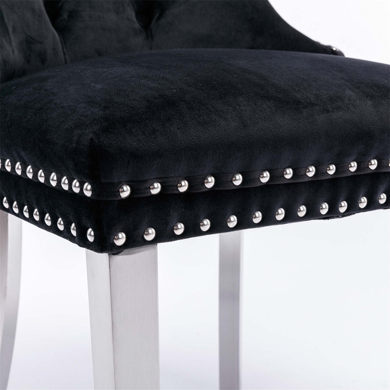 Modern Glam Velvet Upholstered Dining Chair with Pull Ring (Set of 2), Silver, Black