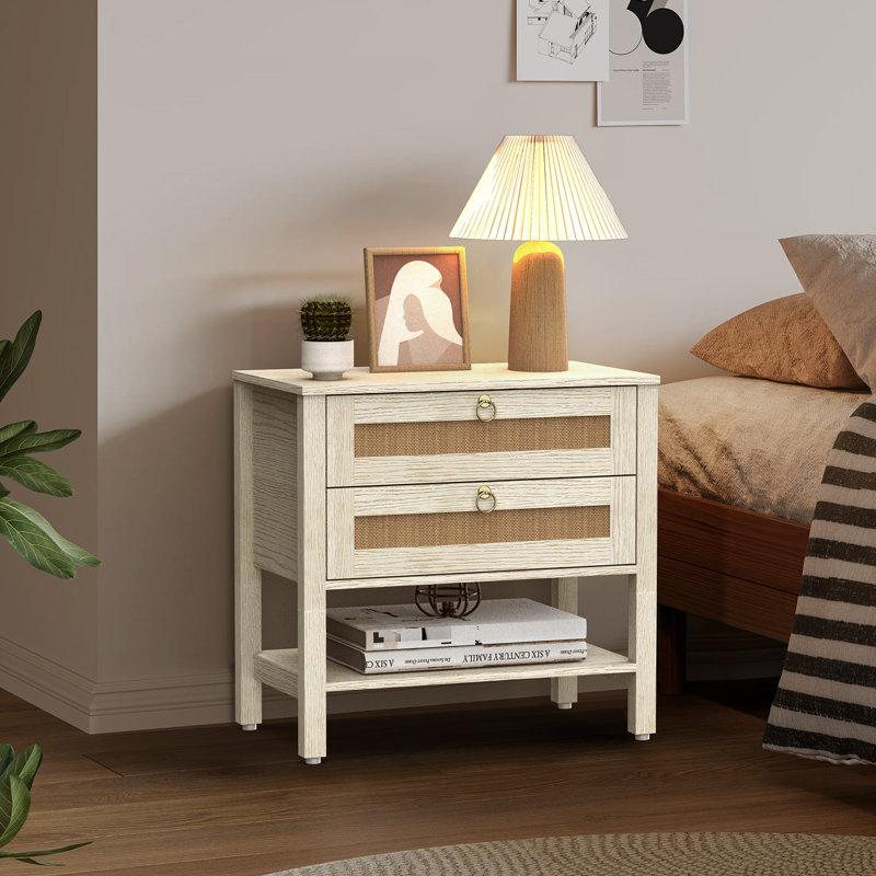 Table de chevet en rotin avec 2 tiroirs | Table de bout 26,7 po | Grande capacité de rangement | Bois et rotin résistant à l'eau | Table de chevet beige clair