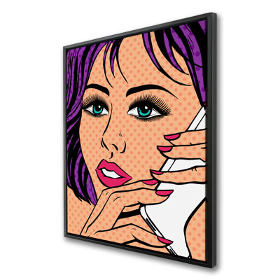 Pop Art Style Lady on Téléphone - Toile encadrée pour le décor de la chambre à coucher