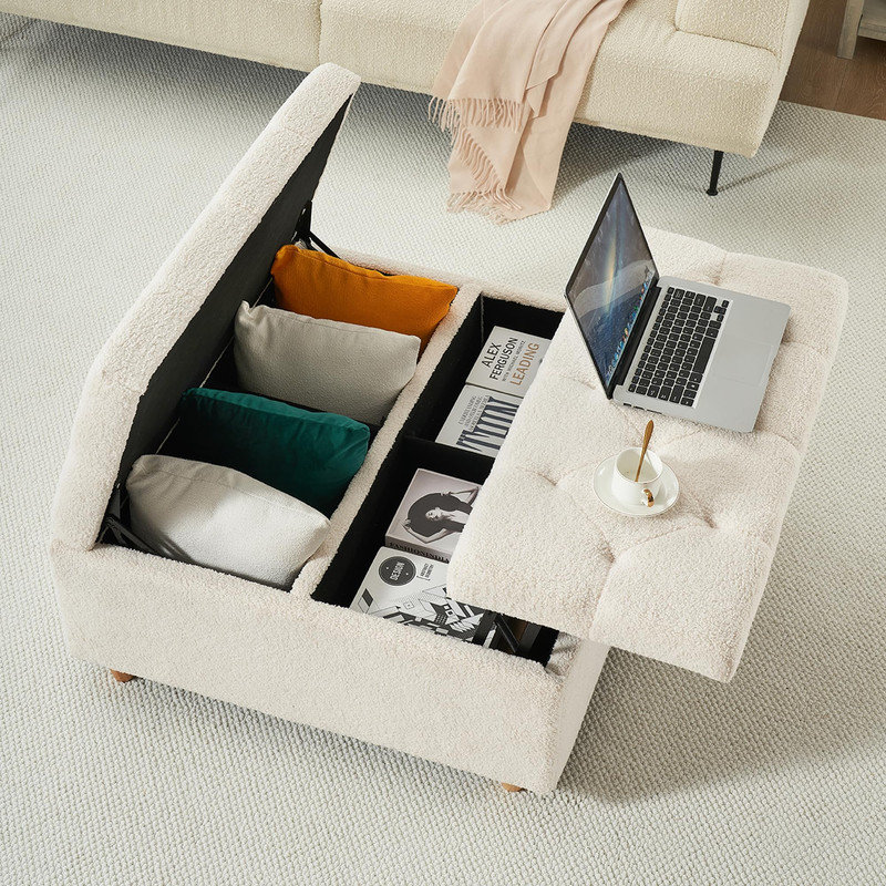 Table basse carrée avec repose-pieds en tissu sherpa et grand compartiment caché
