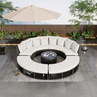 Ensemble de canapé modulaire circulaire pour l'extérieur - Structure en rotin et fer PE, table basse en verre trempé, 6 coussins amovibles