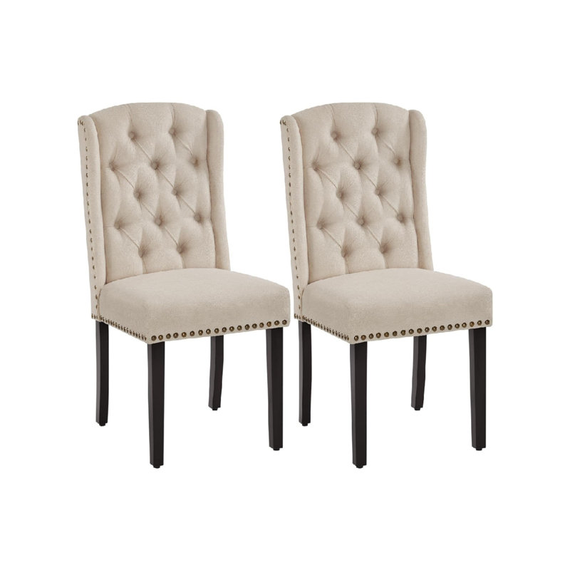 Upholstered Button Tufted Dining Room Chairs Set of 2 Beige Kitchen Chairs with  Solid Legs