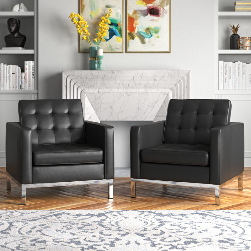 Loft Tufted Vegan Leather Armchairs -, Black Faux Leather