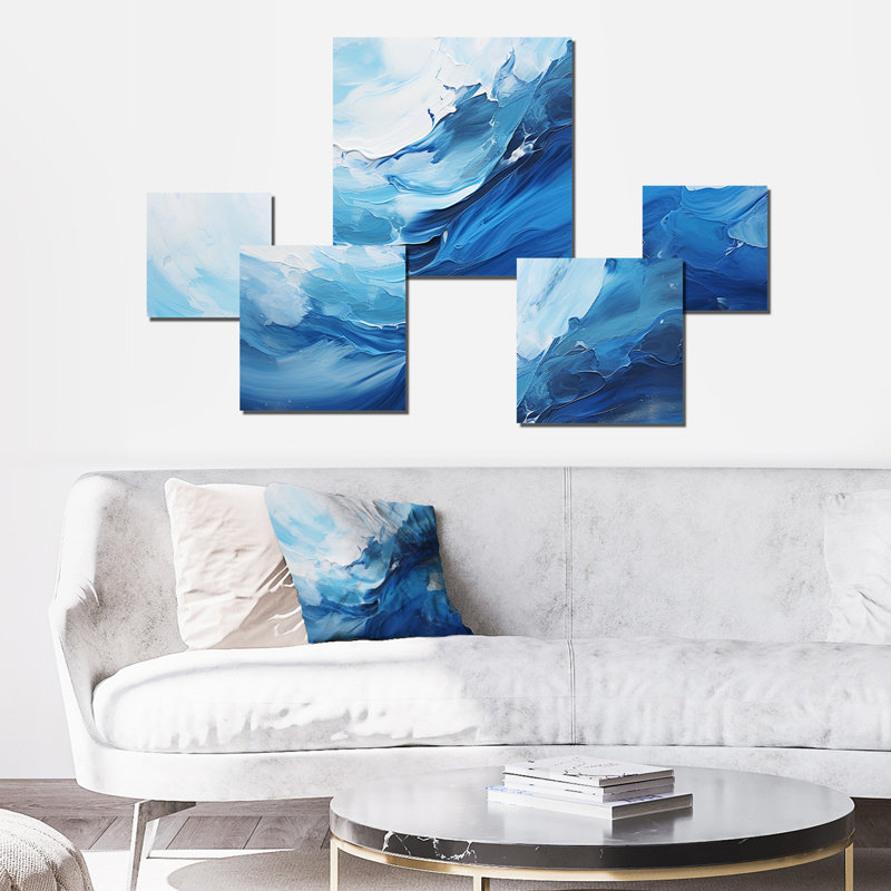 Ensemble de 5 impressions murales bleues Tachisme Waves